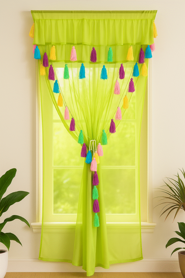 Nysarg Green Double Layer Ruffle Frill Curtain with Tassels | Sheer Layers | Semi Transparent / See Through | Rod Pocket | Elegant Designer Curtain for Living Room & Bedroom – 1 Curtain