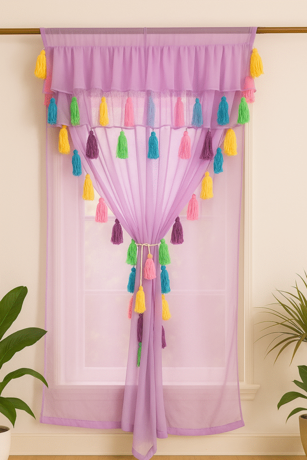 Nysarg Lavender Double Layer Ruffle Frill Curtain with Tassels | Sheer Layers | Semi Transparent / See Through | Rod Pocket | Elegant Designer Curtain for Living Room & Bedroom – 1 Curtain