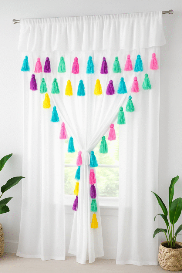 Nysarg White Double Layer Ruffle Frill Curtain with Tassels | Sheer Layers | Semi Transparent / See Through | Rod Pocket | Elegant Designer Curtain for Living Room & Bedroom – 1 Curtain