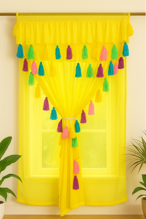 Nysarg Yellow Double Layer Ruffle Frill Curtain with Tassels | Sheer Layers | Semi Transparent / See Through | Rod Pocket | Elegant Designer Curtain for Living Room & Bedroom – 1 Curtain