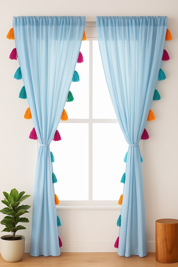 Nysarg Premium Sheer Curtains with Tassels – 2 curtains | Sheer Fabric | See Through / Transparent curtain |Rod Pocket | Elegant Designer Curtain for Window/Door - Blue