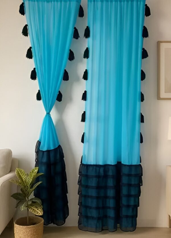Nysarg Premium Sheer Curtains with Frills & Tassels – 2 curtains | Sheer Layers | See Through / Transparent curtain |Rod Pocket | Elegant Designer Curtain for Window/Door - Blue