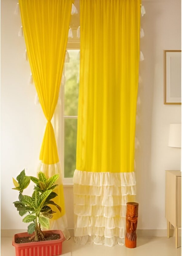 Nysarg Premium Sheer Curtains with Frills & Tassels – 2 curtains | Sheer Layers | See Through / Transparent curtain |Rod Pocket | Elegant Designer Curtain for Window/Door - Yellow and White