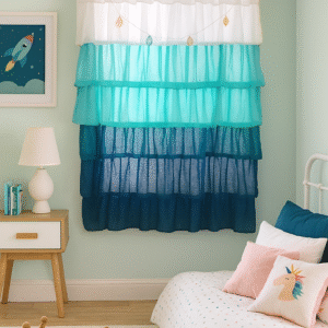 NYSARG DECOR HUB Blue Ocean Theme Ruffle Curtain for Window | Boho Style Frill Cotton Blend Curtain | Light Filtering | Single Curtain | 5feet *3.5 feet | for Living Room, Bedroom, Kids Room & Kitchen