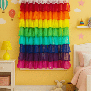 NYSARG DECOR HUB Rainbow Theme Ruffle Curtain for Window | Boho Style Frill Cotton Blend Curtain | Light Filtering | Single Curtain | 5feet *3.5 feet | for Living Room, Bedroom, Kids Room & Kitchen