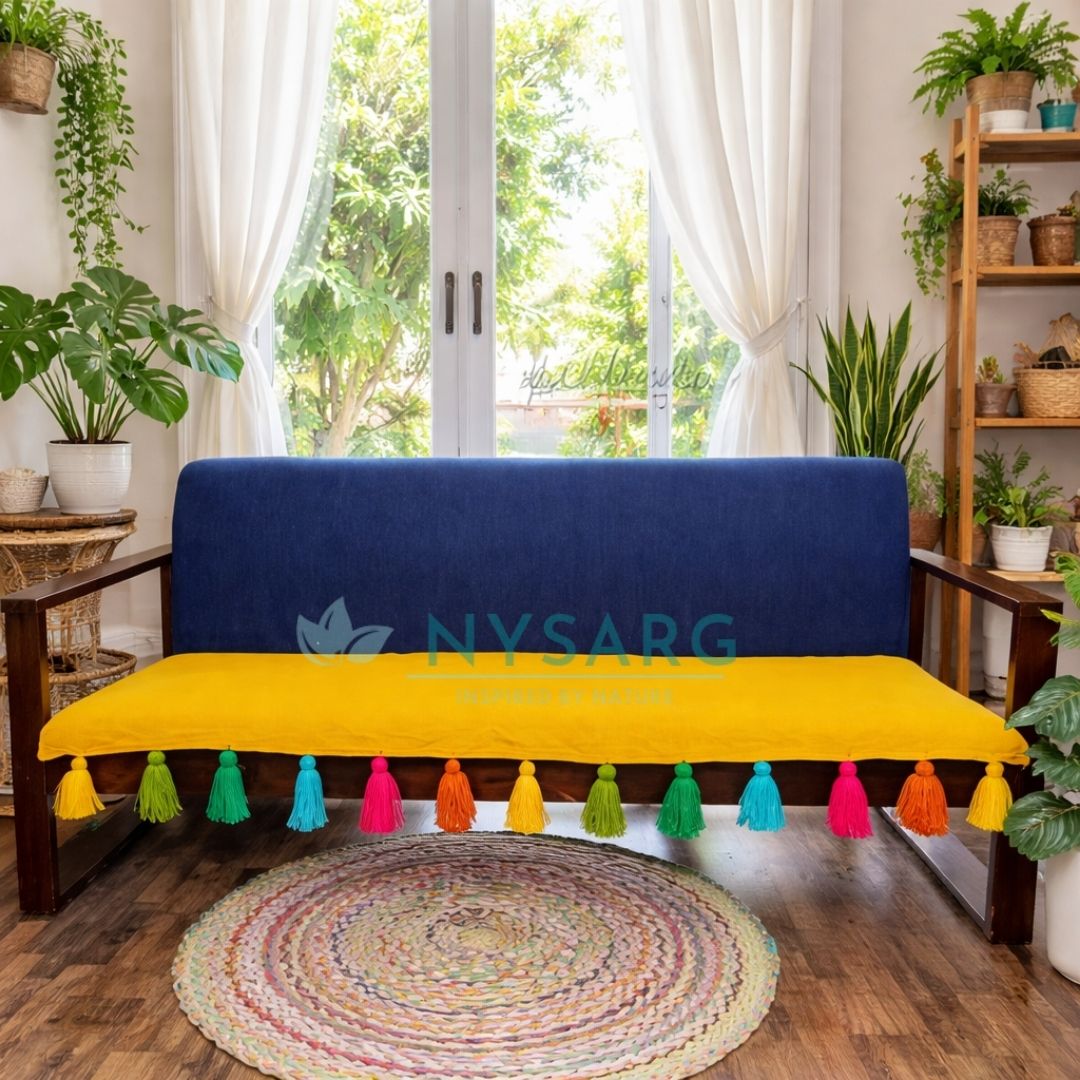 Premium Plain Sofa Cover with Multicolour Tassels| Double Layered Fabric | Stylish Sofa Cover for Modern Indian Home - Mango Yellow