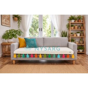 Premium Plain Sofa Cover with Multicolour Tassels| Double Layered Thick Fabric | Stylish Sofa Cover for Modern Indian Home - White