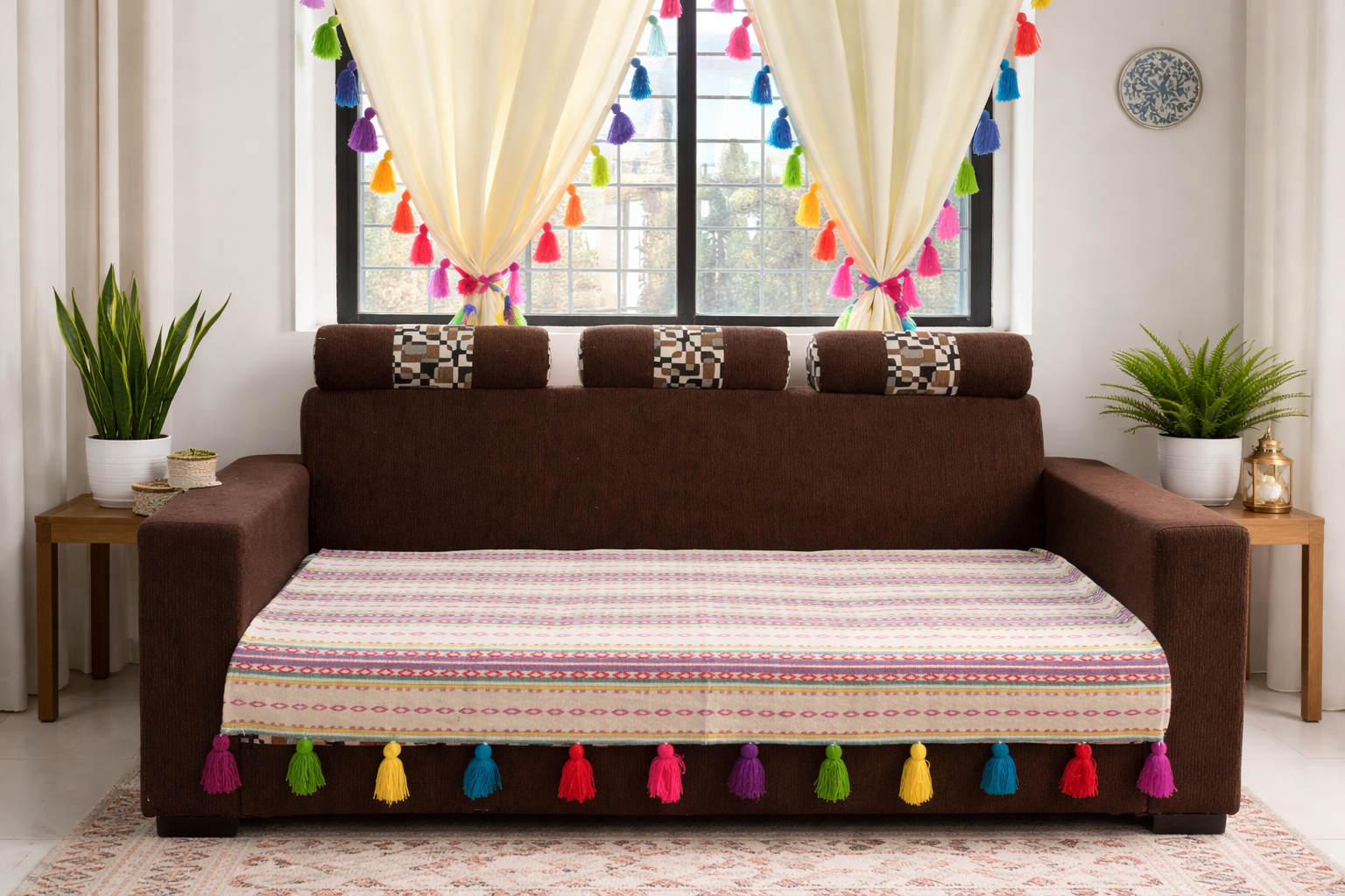 Rangrez Premium Handwoven Designer Sofa Cover with Multicolour Tassels| Thick Fabric | Stylish Sofa Cover for Modern Indian Home