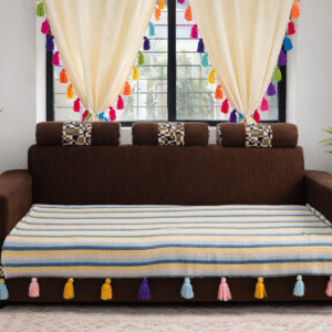 Candy Stripes Premium Handwoven Designer Sofa Cover with Multicolour Tassels| Thick Fabric | Stylish Sofa Cover for Modern Indian Home- Blue, Pink,Yellow and Black