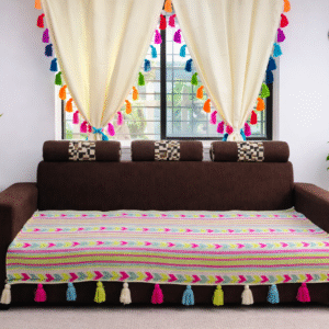Neon Carnival Premium Handwoven Designer Sofa Cover with Multicolour Tassels| Thick Fabric | Stylish Sofa Cover for Modern Indian Home
