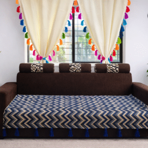 Indigo Zigzag Premium Handwoven Designer Sofa Cover with Multicolour Tassels| Thick Fabric | Stylish Sofa Cover for Modern Indian Home -Black and Blue