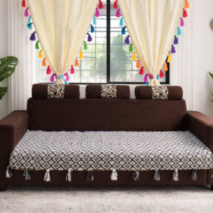 Classic Monochrome Premium Handwoven Designer Sofa Cover with Multicolour Tassels| Thick Fabric | Stylish Sofa Cover for Modern Indian Home -Black and White