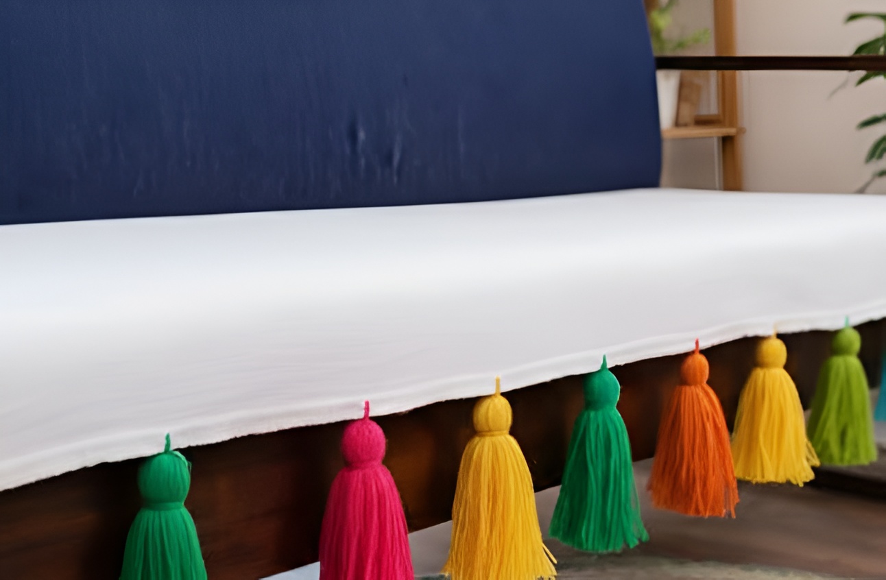 Premium Plain Sofa Cover with Multicolour Tassels| Double Layered Thick Fabric | Stylish Sofa Cover for Modern Indian Home - White - Image 3