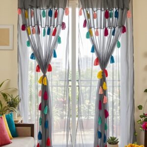 Nysarg Double Layer Sheer Transparent Curtain for Window & Door with Multicolor Tassels | Premium Soft Polyester Georgette | Rod Pocket | Light Filtering | Washable | Grey | Pack of 2