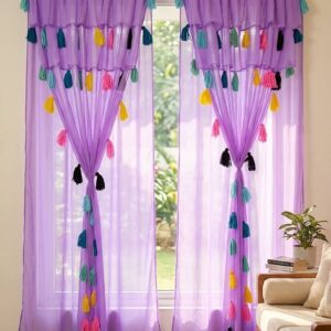 Nysarg Double Layer Sheer Transparent Curtain for Window & Door with Multicolor Tassels | Premium Soft Polyester Georgette | Rod Pocket | Light Filtering | Washable | Lavender | Pack of 2