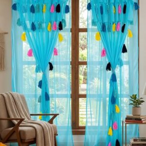 Nysarg Double Layer Sheer Transparent Curtain for Window & Door with Multicolor Tassels | Premium Soft Polyester Georgette | Rod Pocket | Light Filtering | Washable | Blue | Pack of 2