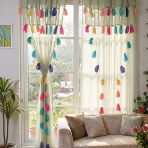 Nysarg Double Layer Sheer Transparent Curtain for Window & Door with Multicolor Tassels | Premium Soft Polyester Georgette | Rod Pocket | Light Filtering | Washable | Mint Green | Pack of 2