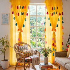 Nysarg Double Layer Sheer Transparent Curtain for Window & Door with Multicolor Tassels | Premium Soft Polyester Georgette | Rod Pocket | Light Filtering | Washable | Yellow | Pack of 2