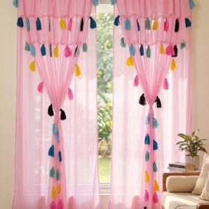 Nysarg Double Layer Sheer Transparent Curtain for Window & Door with Multicolor Tassels | Premium Soft Polyester Georgette | Rod Pocket | Light Filtering | Washable | Baby Pink | Pack of 2