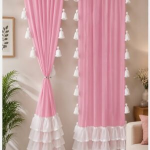 Nysarg Sheer Curtain with Ruffle Frills and Tassel Detailing- Pack of 2- Baby Pink